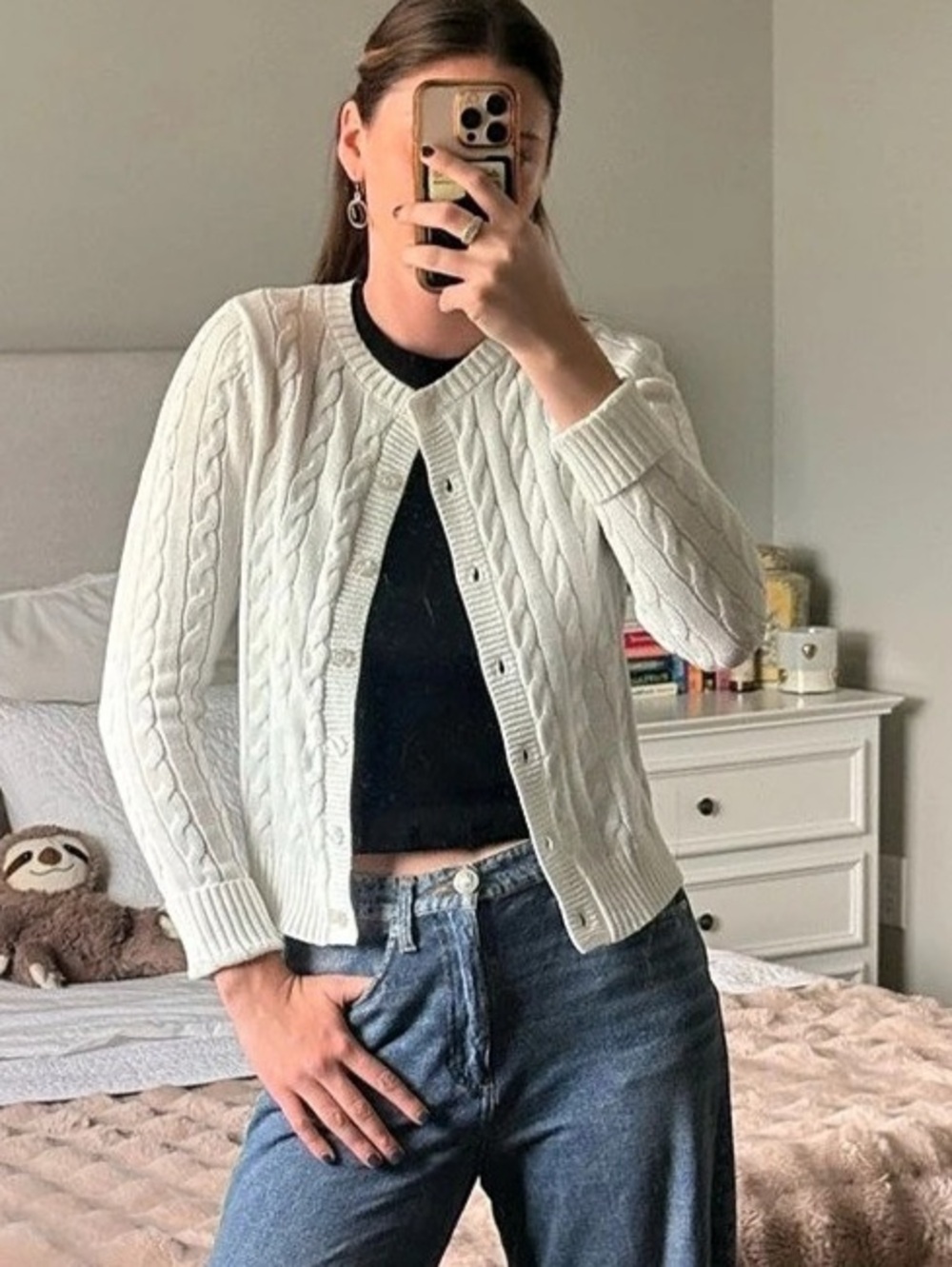 White Cable Knit Cardigan Size Small Like New